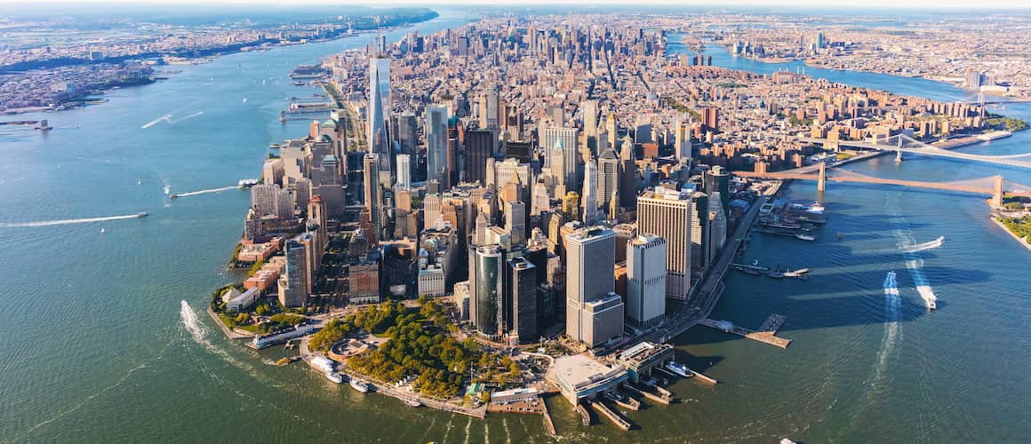 RHB Assets From IGX: Aerial view of Lower Manhattan, New York City.