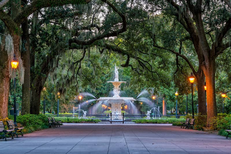 Forsyth Park fountain and trees in Savannah, Georgia.