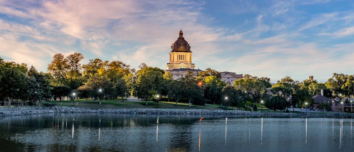 RHB Assets From IGX: The South Dakota State Capitol at sunset.