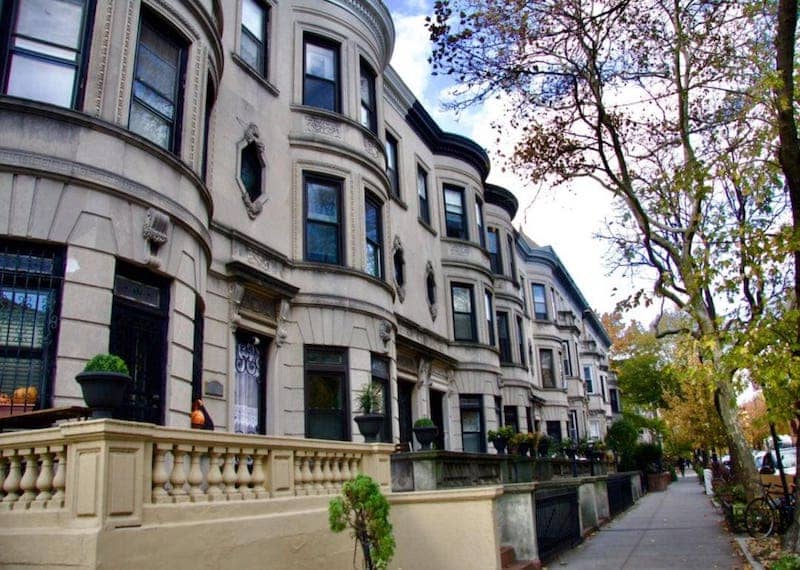 Row of historic pre-war brownstones in Brooklyn.