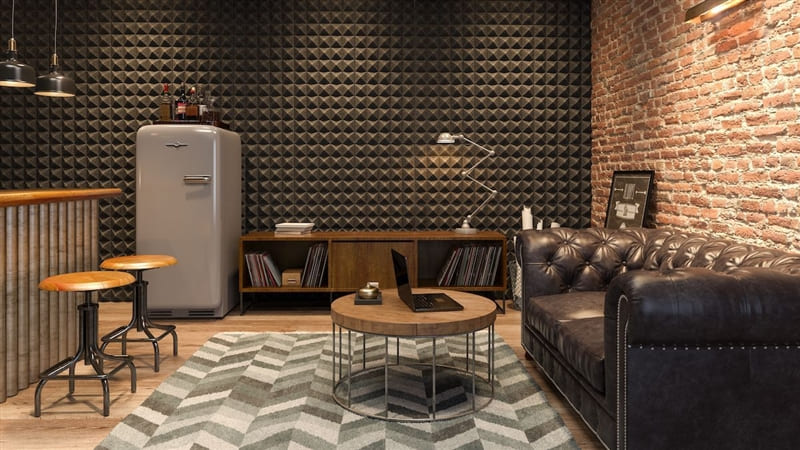 RHB Assets From IGX: Cozy basement interior featuring a rustic exposed brick wall and comfortable seating