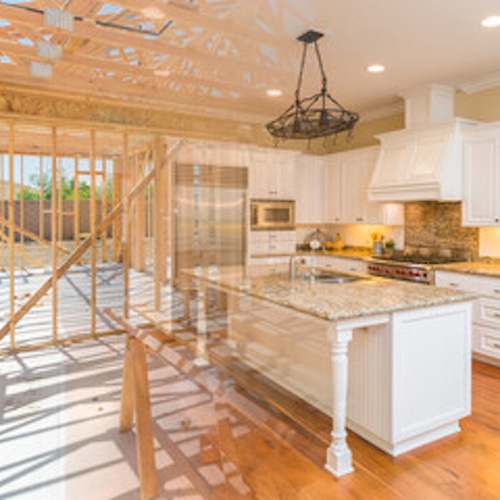 View of a kitchen under construction.