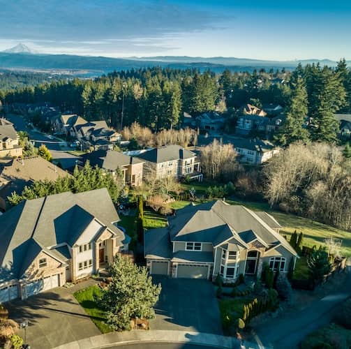Aerial view of luxury homes in Oregon with forested background near horizon.