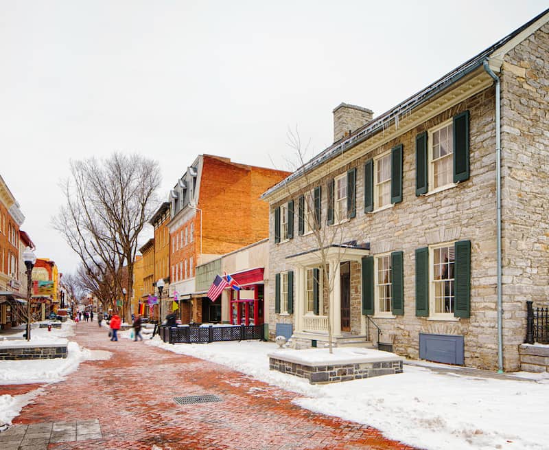 Old Town Winchester in the winter with brick road.