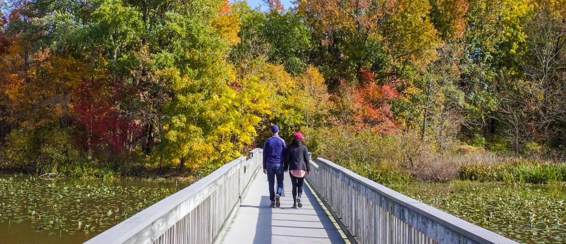 RHB Assets From IGX: Couple holding hands on a picturesque bridge surrounded by autumn foliage.