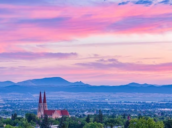 Sunrise looking over Helena Valley and cathedral.