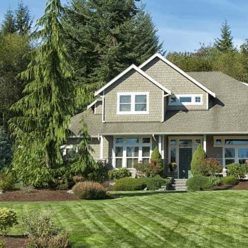 A beautiful house with a well-maintained lawn and lush trees in the background.