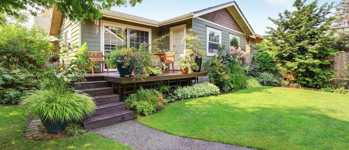 A rental property with a bright blue sky in the background.