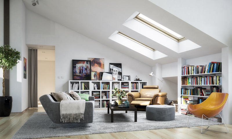 Artwork in library with skylights.