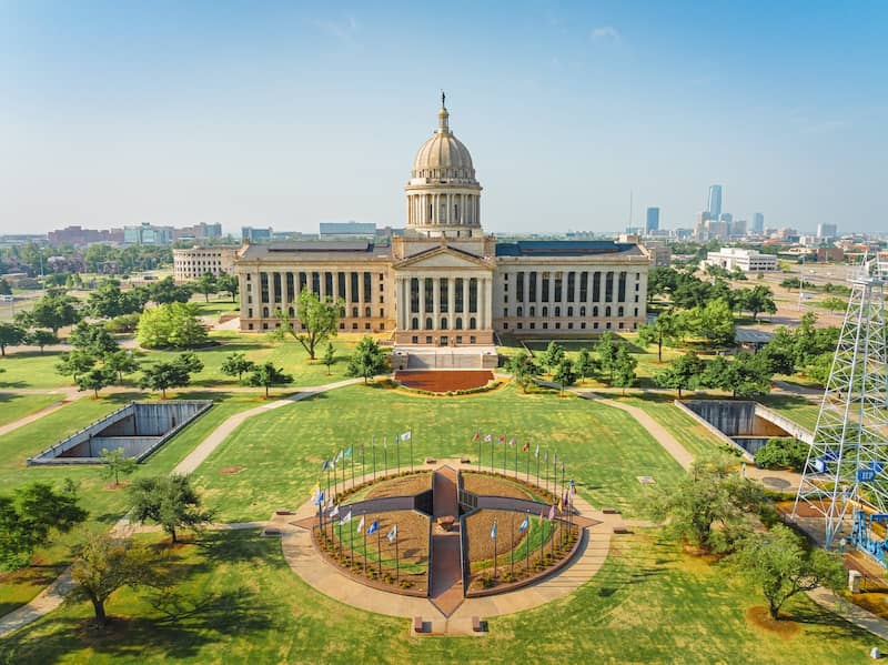 A view of the Oklahoma City Capitol Building on a clear day.