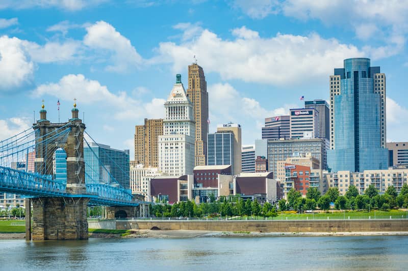 RHB Assets From IGX: A picturesque view of the Cincinnati skyline and the Ohio River at sunset.