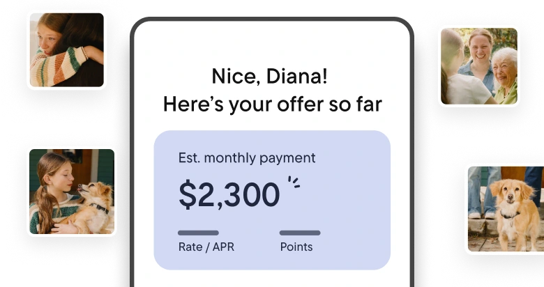 Mockup of a mobile chat screen showing a mortgage offer that reads, “Nice, Diana! Here’s your offer so far,” with an estimated monthly payment of $2,300, alongside small photos of a family surrounding the screen.
