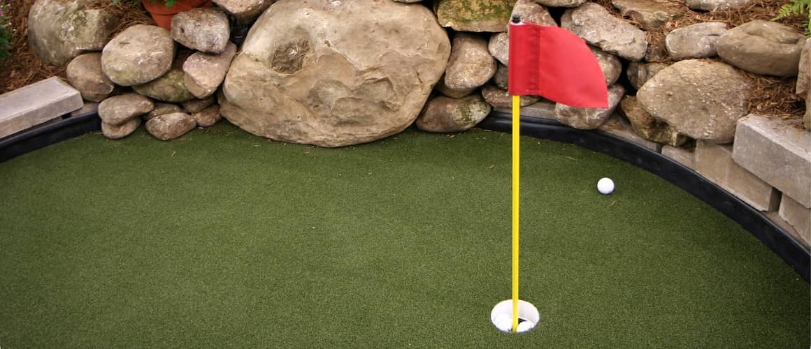 Image of backyard putting green hole in one.