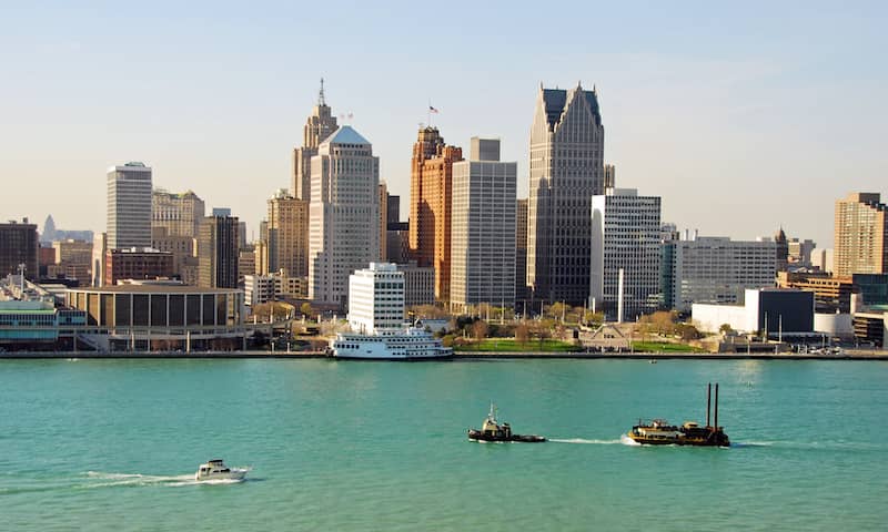 RHB Assets From IGX: Detroit, Michigan, skyline with waterfront view.