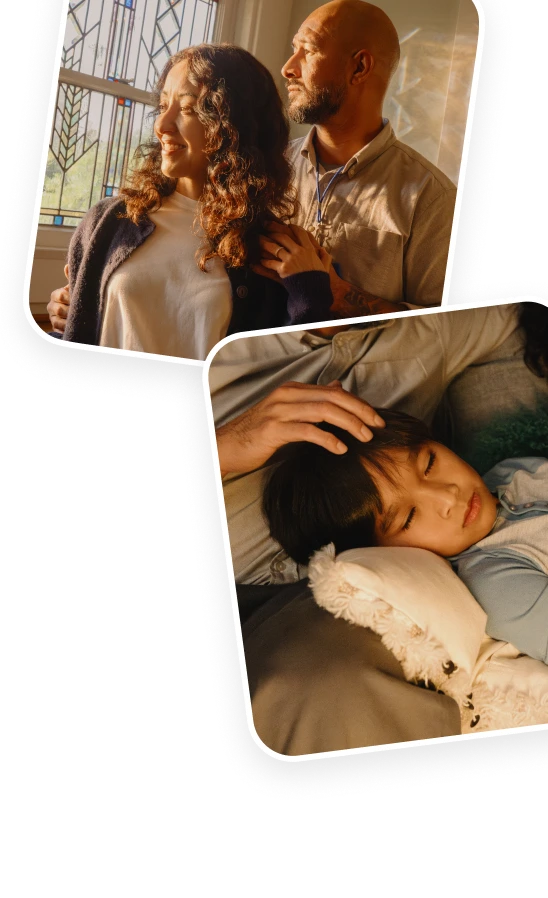 A collage of family photos featuring playful outdoor moments with parents and a child.