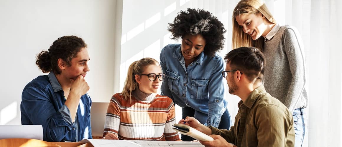 Group of students together at college.