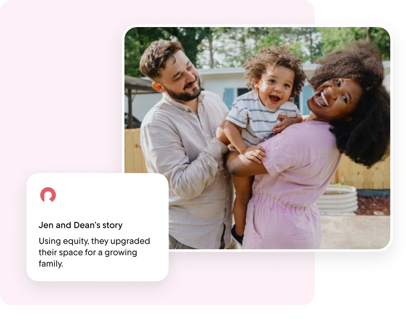 Couple holding a smiling child outdoors in front of their home
