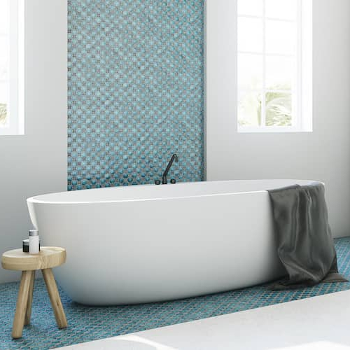 Image of new, blue tile bathroom remodel