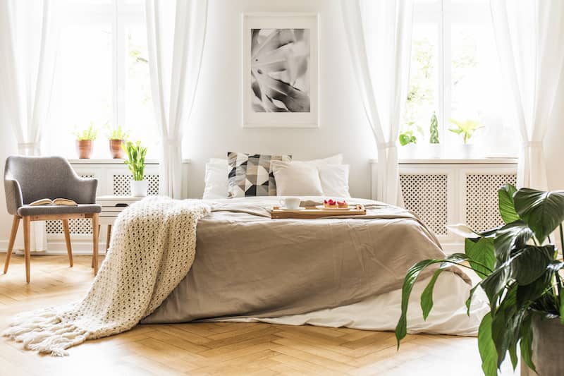 Bedroom of contemporary home with potted plants and large windows.