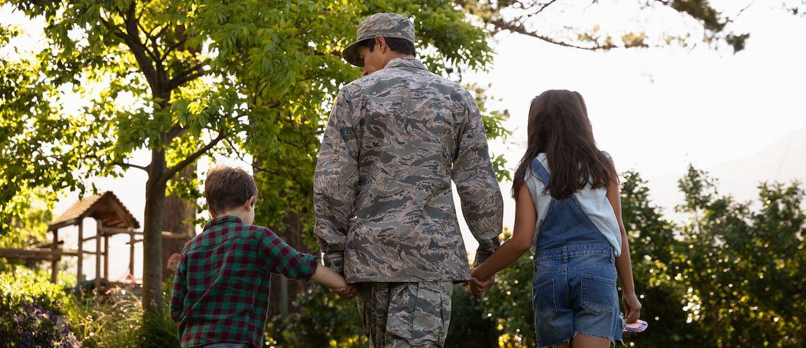Military father walking with his daughter and son.