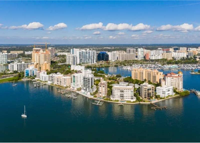 Aerial view of a oceanside town in Florida.