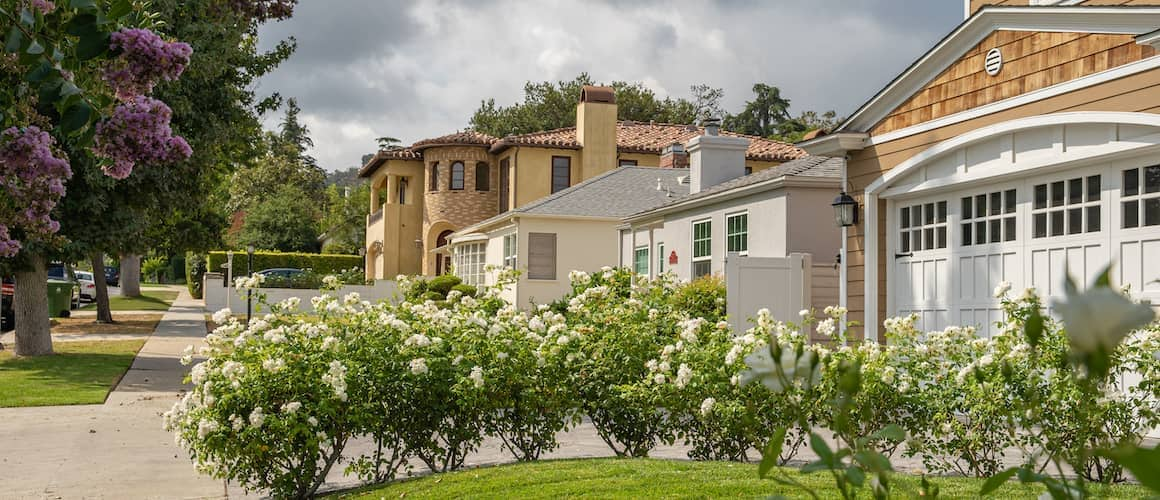 A neighborhood with rows of homes, showcasing a residential area.