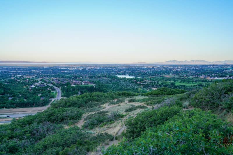 Aerial view of the green and lush Salt Lake Valley in Utah.