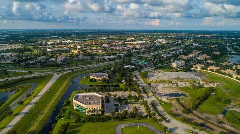 Bird's eye view of roads and buildings in Port St. Lucie, Florida.