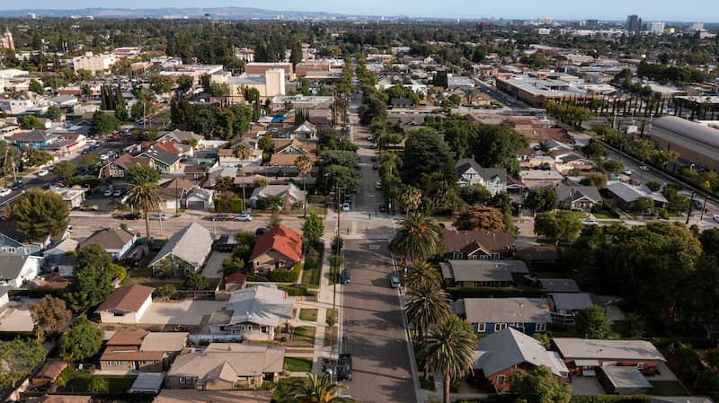 Aerial view of a suburban neighborhood in California.