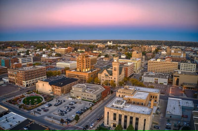 Aerial View of Downtown Sioux City, Iowa at Dusk