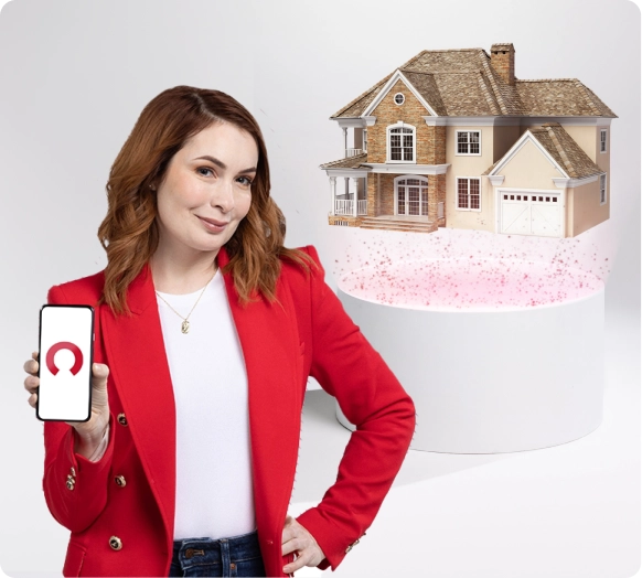 A woman holds a mobile phone displaying the Rocket Mortgage logo while the model of a house floats in the background.