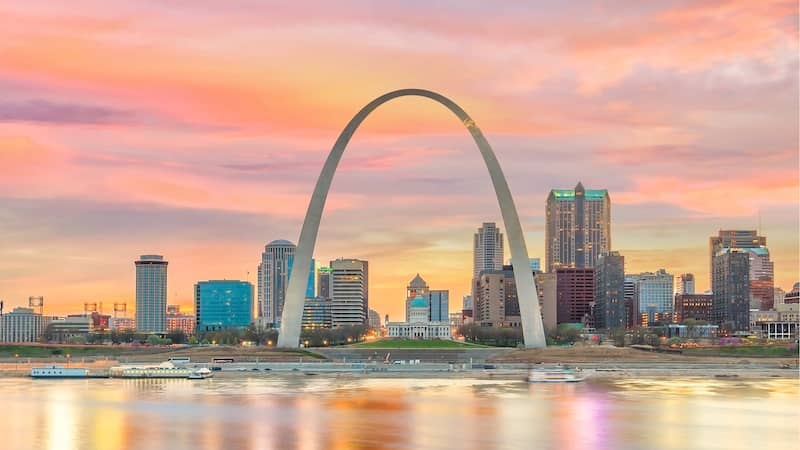 View of the St. Louis, Missouri skyline at sunset.