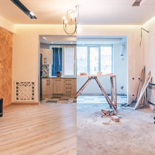 A before and after image of an house which undergone renovation.