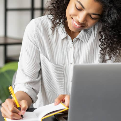 A young woman inquiring about or getting a mortgage.