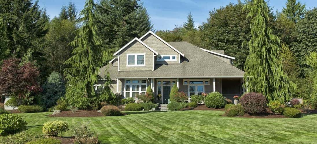 A beautiful house with a well-maintained lawn and lush trees in the background.