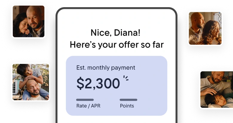 Mockup of a mobile chat screen showing a mortgage offer that reads, “Nice, Diana! Here’s your offer so far,” with an estimated monthly payment of $2,300, alongside small photos of a family surrounding the screen.