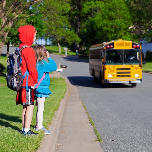 Two children waiting for a school bus, possibly after using an easement to get to the bus stop.
