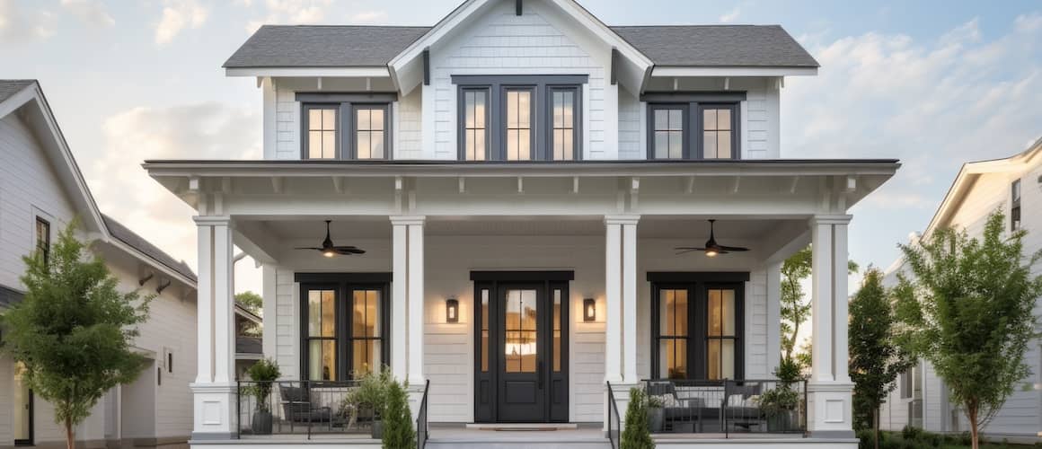 Classic white two story home with dormers and covered front porch. Updated with new windows and landscaping.