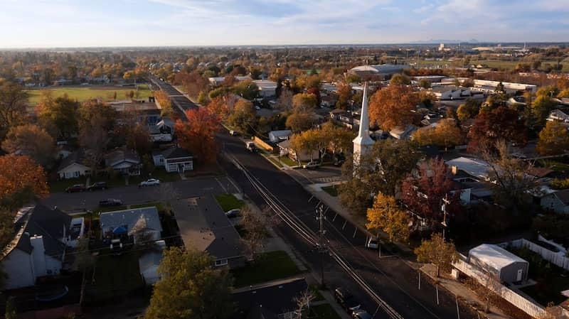 Sunset aerial view of downtown Lincoln, California