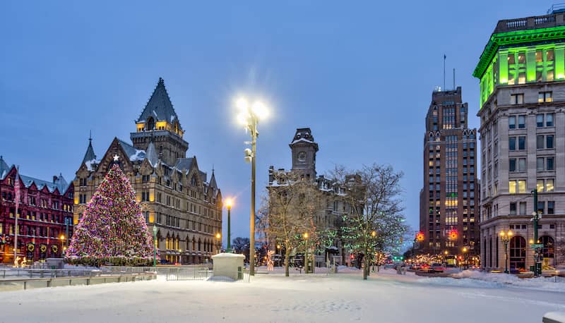 RHB Assets From IGX: Snow-covered Northeast street with historic homes.