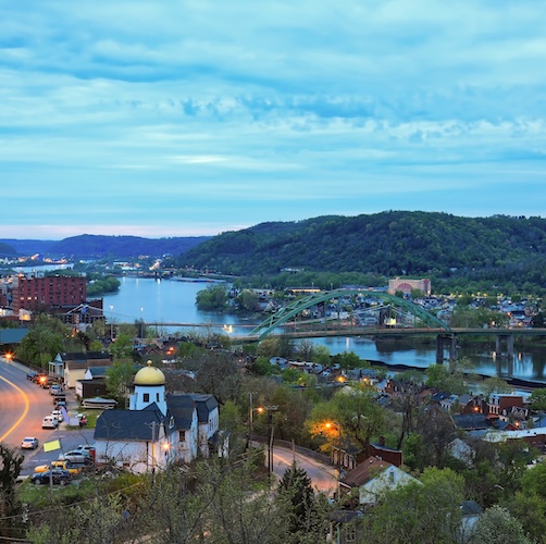 Aerial view of Wheeling, West Virginia, at either dawn or sunset.