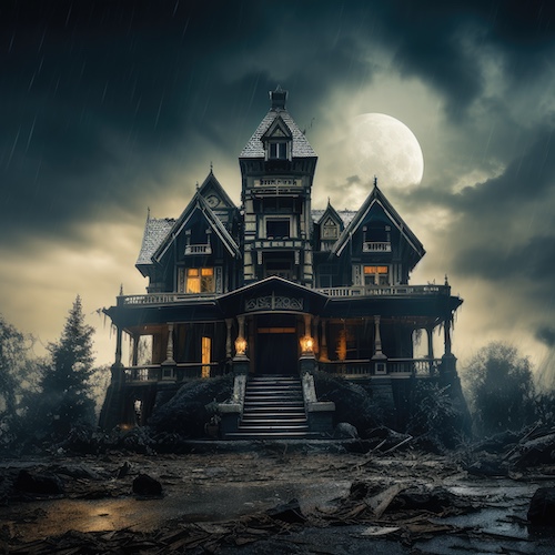 Haunted mansion at night backlit by a full moon and clouds.