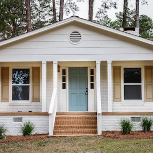 The front exterior entrance of a newly painted white siding brick ranch style house with a large yard that has been recently renovated.