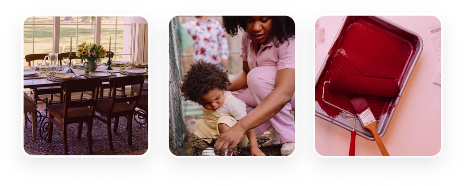 Woman helping a young child collect eggs beside a tray of red paint and paint brushes.