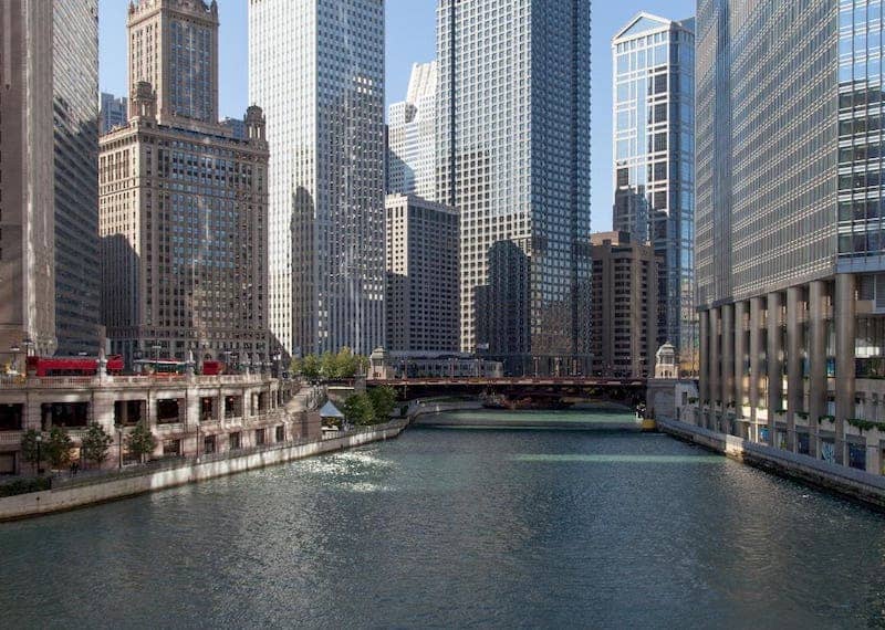 View of Chicago skyscrapers from Chicago River.