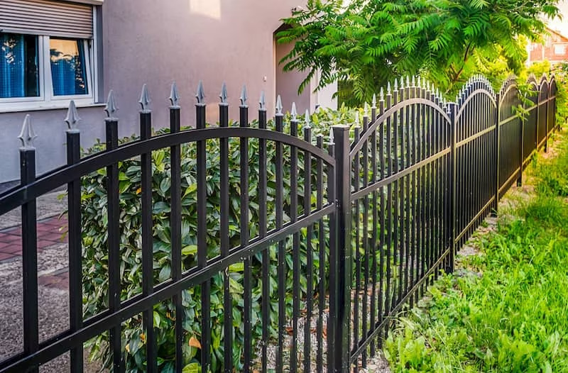 Wrought iron fence with bars in garden.