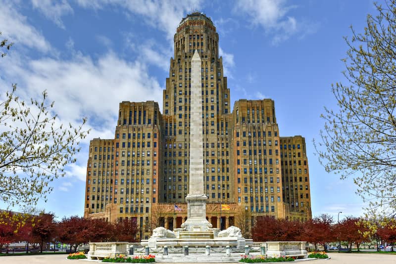 Large building in center frame in Niagara Square, Buffalo, New York.