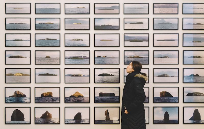 RHB Assets From IGX: Woman in an art gallery observing a wall of framed paintings and photographs.