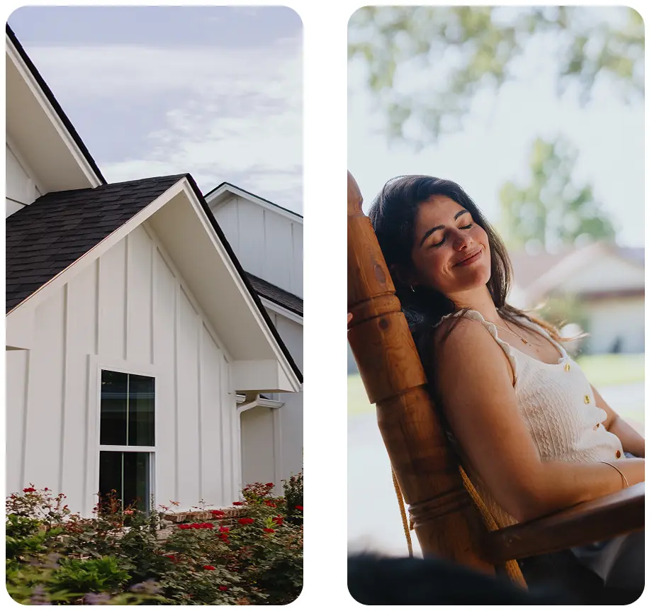 Modern home and a smiling woman relaxing outdoors.