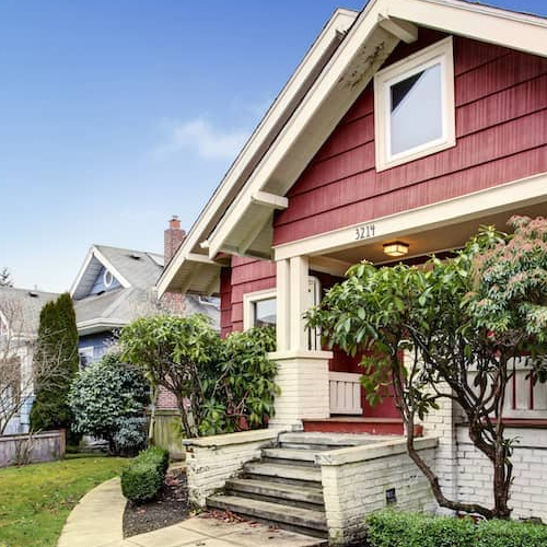 Exterior of a red house, illustrating the exterior appearance of a red-colored house.